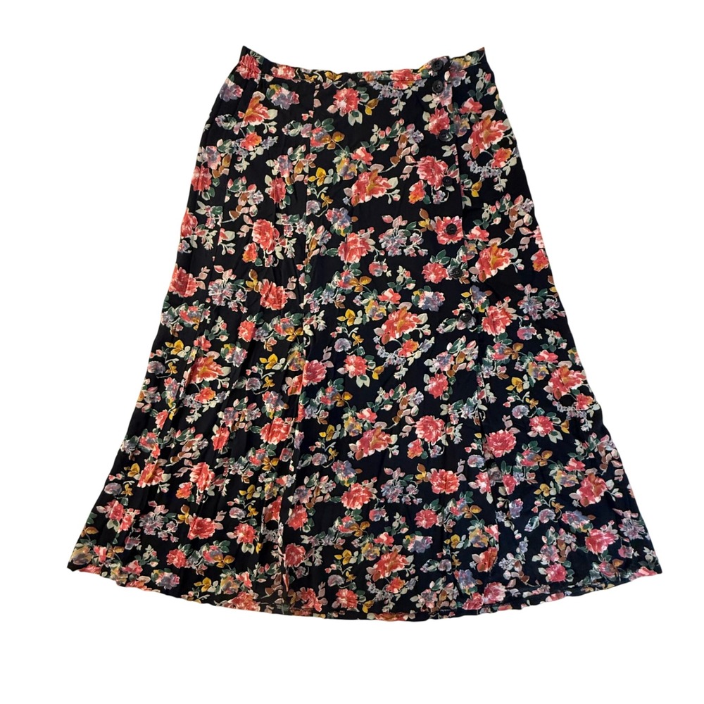 Vintage 90s Gantos Floral Midi Skirt Black Rayon Button Front Made USA 90s Boho‎